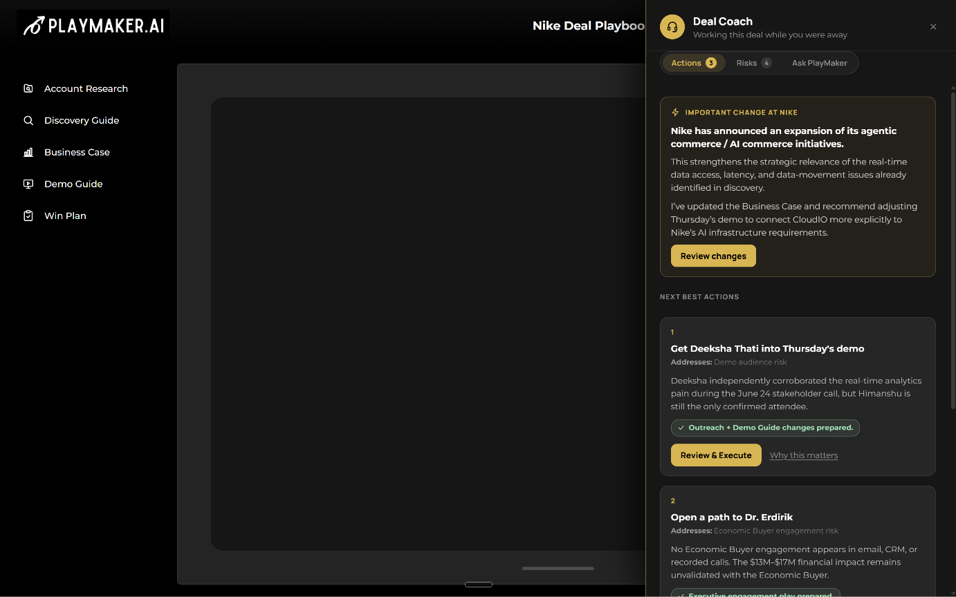PlaymakerAI Deal Coach listing the next best actions for the Nike deal
